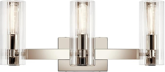 Kichler Jemsa 3 Light Vanity, Modern Light with Clear Fluted Glass in Polished Nickel for Bathroom or Powder Room (9.75" x 22.75"), 55168PN