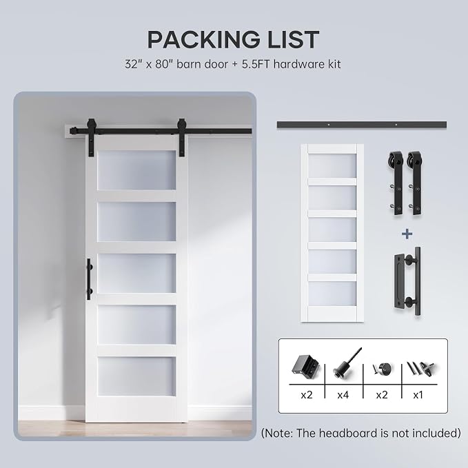 32x80 Inch Glass Sliding Barn Door Slab and 5.5ft Hardware Kit Included, 5 Frosted Glass, LVL Wood Panel Covered with White Water-Proof Scratch-Proof PVC Surface, Simple DIY Assembly