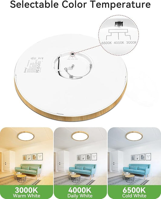 zemty 12Inch Wood-Look Ceiling Light, 28W 3200lm LED Flush Mount Ceiling Light with 3 Color Temperature 3000K/4500K/6000K - Round Flat Light Fixture for Kitchen Bathroom Livingroom,1Pack