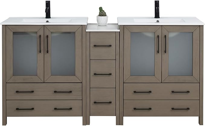 Vanity Art 72 Inch Under Mount Double Sink Bathroom Vanity Cabinet with 2 Mirrors, Ceramic Top Bathroom Cabinet Compact Set with 7 Dovetail Storage Drawers and Matte Black Handles, VA3030-72-DG
