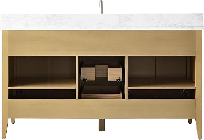 Vanity Art 60 inch Bathroom Vanity with Single Sink & Ceramic Top, Vanity Cabinet with Soft-Closing Door, Solid Wood Frame, Linear Pattern, Natural Oak, Golden Brushed Handware VA9160-SNO-GB
