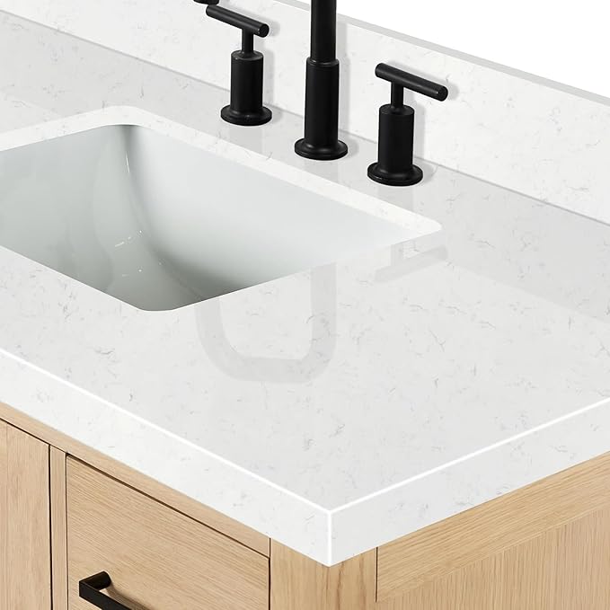 ARIEL 42 inch Bathroom Vanity top with Sink, 1.5 Inch Thick Miter Edge Carrara White Quartz top, Rectangle Single Porcelain Sink, Includes Backsplash