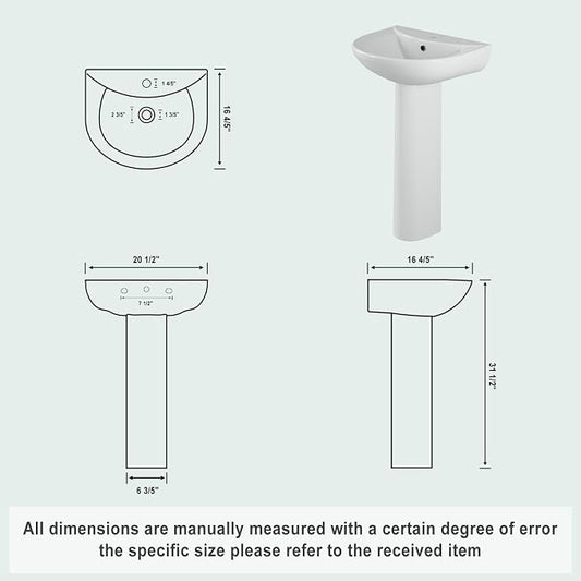 Bathroom Pedestal Sink 20 X 17 Inch | Ceramic Basin with Overflow, Single Faucet Hole, Space-Saving Design for Small Bathrooms