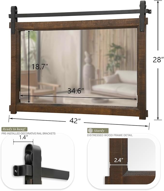 Besdomus Large Bathroom Rustic Mirror: 42"x28" Brown Barn Door Farmhouse Solid Cedar Wood Frame - Wall Mounted Mirror for Hallway/Fireplace/Bathroom Refresh- Modern Rustic Decor for Fashion-Conscious