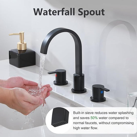 Matte Black Bathroom Faucet 3 Hole, 8 Inch Widespread 360° Swivel Waterfall Spout Two-Handle Bathroom Faucets with Water Hoses and Pop-up Drain for Sink Bath Vanity Lavatory VAL088BRH