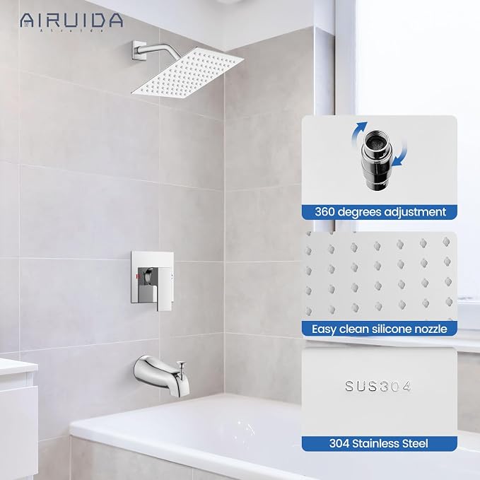 Airuida 8 Inch Shower Faucet Set,Bathtub Faucet Kit,Chrome Polish | Shower Tub Faucet Set,Male Threads Rough-In Valve,Square Head Shower System