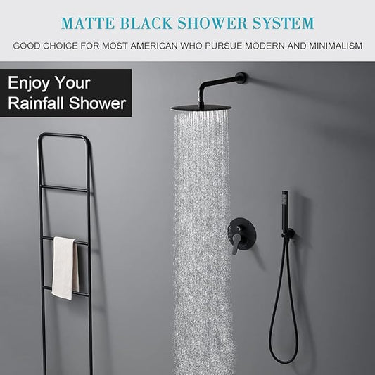 Matte Black Shower System, Shower Faucet Set Complete Rain Shower Head with Handheld, Bathroom Wall Mounted Rain Shower Fixture with Valve Set