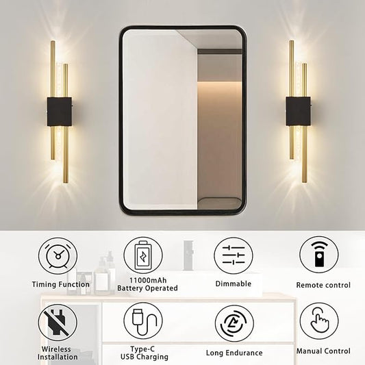 Battery Operated Wall Sconces Set of Two, Rechargeble Modern Crystal Bathroom Wall Sconces, 3000K-6000K Dimmable Gold LED Wireless Wall Lights for Vanity Bedroom Living Room Hallway(black gold)
