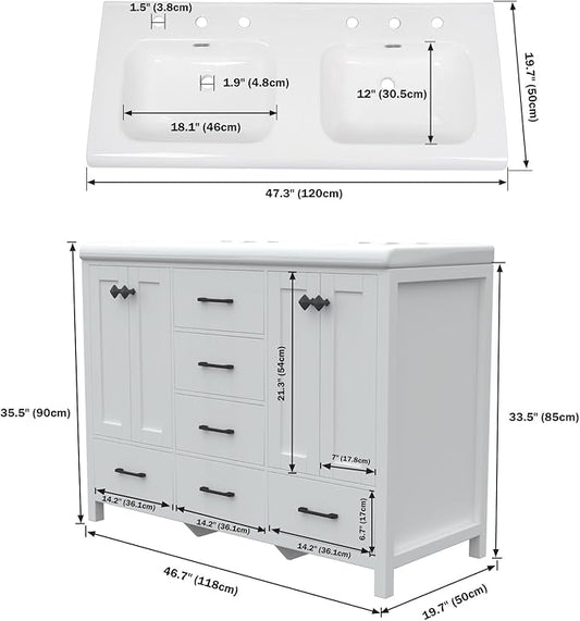 Bathroom Vanity with Sink Combo, 48" Modern Bathroom Storage Cabinet with Double Sink Ceramic, 4 Doors and 5 Drawers, Space-Saving Storage Cabinet, White