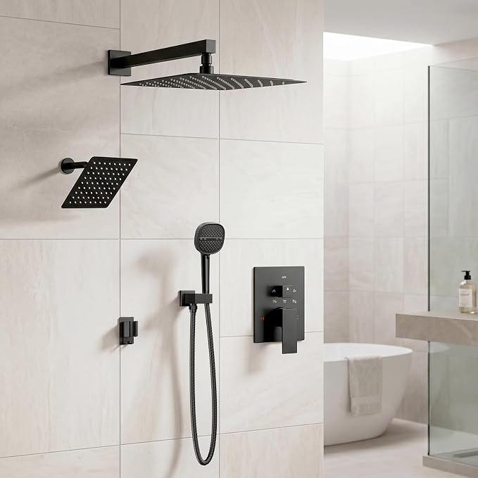 Shower System Matte Black Shower Faucet Sets, Dual Head Shower Set STARBATH 12'' +6'' Wall Mount Rainfall Shower Systems with Multifunctional Filtered Handheld Sprayer for Two Person