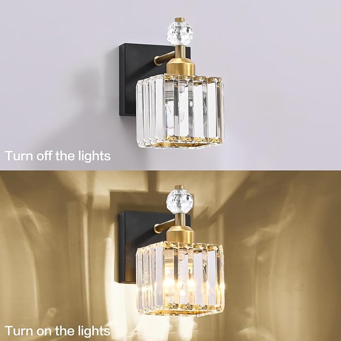 PRESDE Single Crystal Wall Sconce, Modern Black and Gold Vanity Light Fixture, 1-Light Wall Lamp for Bathroom Bedroom Hallway