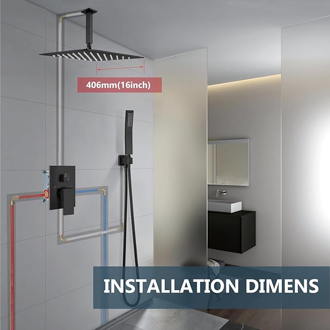 Aolemi Ceiling Shower Faucet with Handheld 16 Inch Head Matte Black | Shower Valve and Trim Kit,SUS304 Rain Head and Handle Set System,All Metal,Bathroom, Handheld Spray