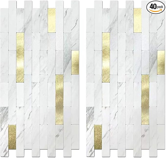Peel and Stick Backsplash Tile Waterproof Removable PVC Wall Sticker 3D Faux Stone Marble Brick White Accent Panels (American Walnut - Metal Gold, 20 Tiles - 9 sq. ft. (0.84 M²))