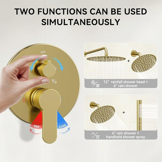 Shower Systems STARBATH 12+6" Round Dual Rainfall Shower Head with Handheld Spray for Two People, Wall Mounted 3 Way Rain Shower Faucet Sets Complete, Included Valve and Trim Kit, Brushed Gold