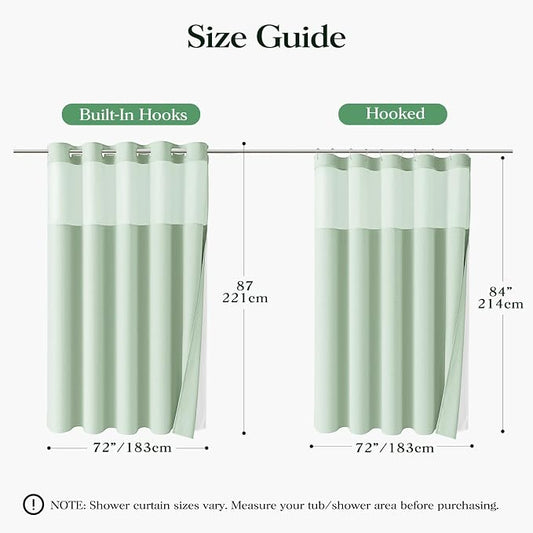 Mint Green Hook Free Waffle Shower Curtain & Snap-in Liner,72x87 | Less Time to install, 3 in 1 Fabric Shower Curtain and Liner Set with Magnets, Extra Long, Shower Curtains for Bathroom