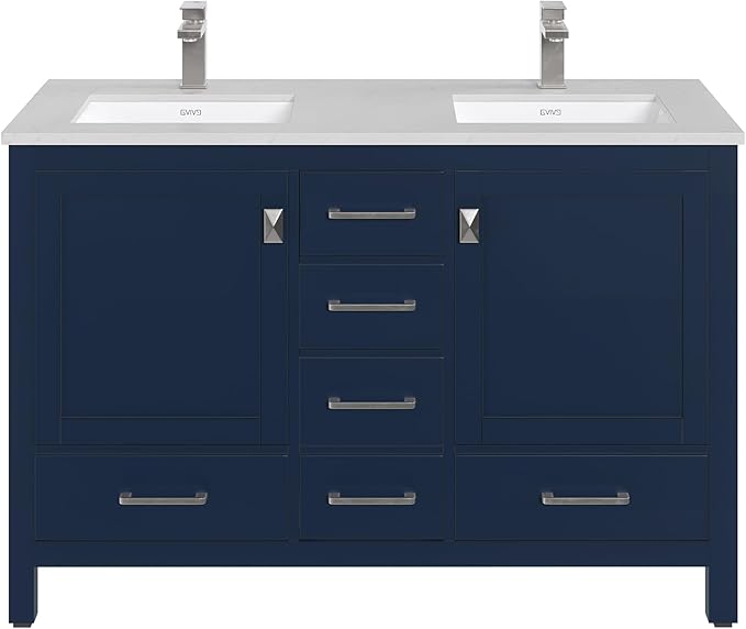 Eviva London 48 Inch Double Sink Vanity - Blue Double Vanity Sinks For Bathrooms - 48 Vanity With Sink And Countertop In Quartz & Undermount Porcelain Sink Combo - 48 Bathroom Vanity With Top And Sink