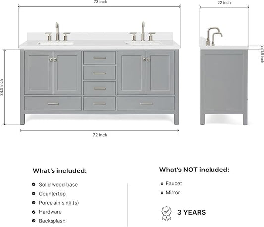 DKB Beckford 72 Inch Bathroom Vanity Double Sink — Grey Bathroom Vanity with Sink, 1.5" Edge Pure White Quartz Countertop & Backsplash, 4 Soft-Close Doors, 6 Dovetail Drawers