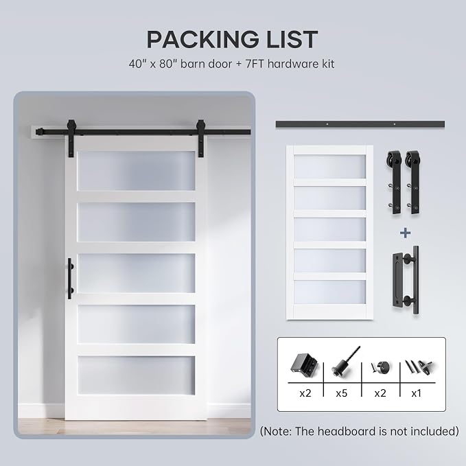 40x80 Inch Glass Sliding Barn Door Slab and 7ft Hardware Kit Included, 5 Frosted Glass, LVL Wood Panel Covered with White Water-Proof Scratch-Proof PVC Surface, Simple DIY Assembly