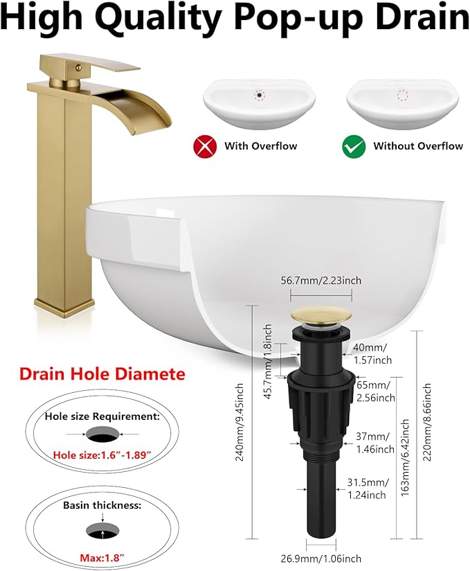Vessel Sink Faucet Waterfall Tall Bathroom Faucet Single Handle,Single Hole Lavatory Vanity Mixer Tap with Pop Up Drain and Supply Lines,Brushed Gold