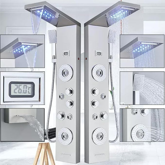 AlenArt Shower Panel LED Shower Tower System with Rainfall Waterfall Shower Head, 4 Body Massage Jets,Hand Shower Sprayer and Tub Spout Stainless Steel, Brushed Nickel