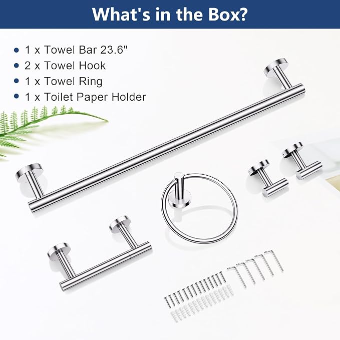 TQKAG 5 Piece Towel Racks for Bathroom, 23.6" Bathroom Hardware Set Chrome | Bathroom Hardware Set, SUS304 Stainless Steel, Double Post Pivoting, Towel Hooks, Toilet Paper Holder Set Wall Mounted