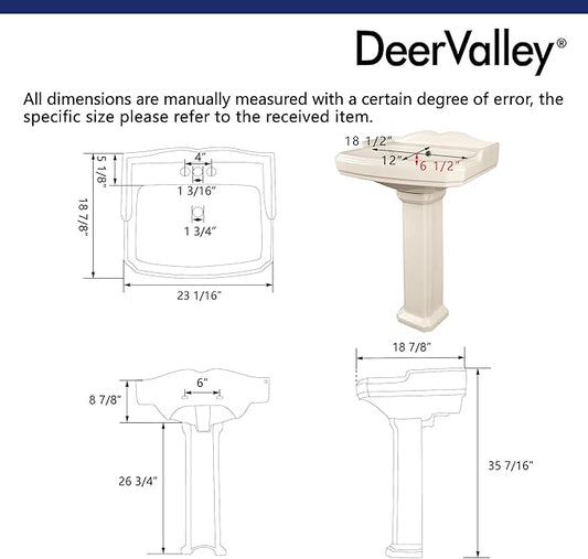 DeerValley 23x19 Inch Bone Pedestal Sink Combo, Ceramic Pedestal Sink for Bathroom with Overflow and 3 Faucet Holes, DV-1P522BN