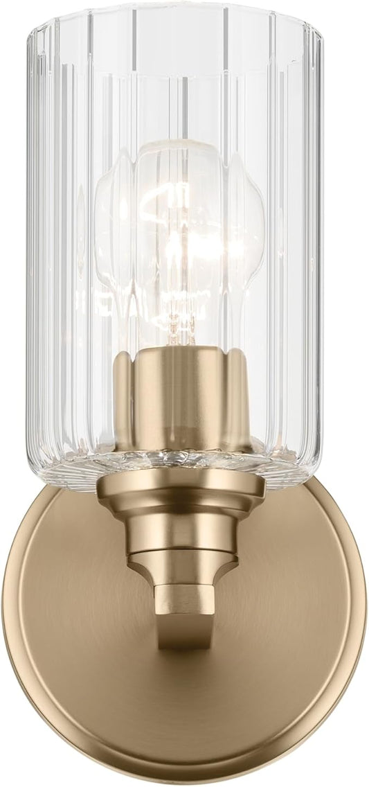 Kichler Gioe 5" 1-Light Wall Sconce with Clear Fluted Glass in Champagne Bronze, Damp Rated, for Powder Room, Kitchen, Hallway, Bedroom, Fireplace, (5" W x 9.5" H), 55224CPZFLU