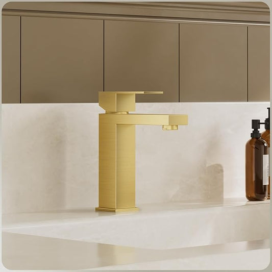 Phiestina Single Hole Brushed Gold Square Single Handle Bathroom Vanity Faucet with Metal pop up Drain with Deck Plate, Overflow & Water Supply line,BF3530-BG