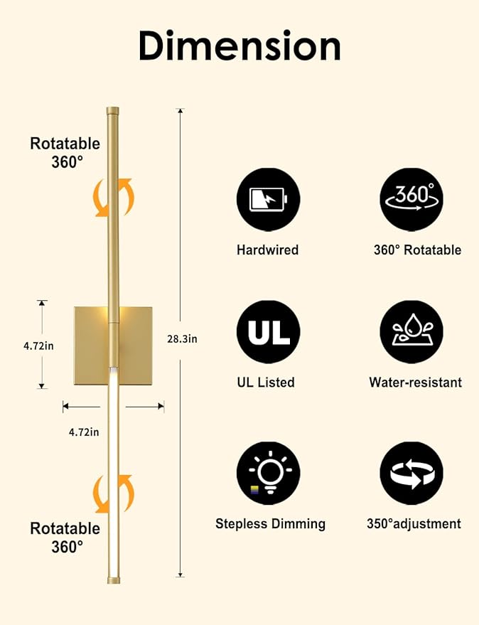27.8 Inch Hardwired Wall Sconces Set of Two, 3000K Warm White Dimmable Modern Wall Sconces, 350° Rotate LED Light Fixtures Wall Lamp for Bathroom Living Room Bedroom Bedside, Gold