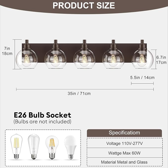 IZORRO Bathroom Light Fixtures, 5-Light Oil Rubbed Bronze Vanity Light, Modern Wall Sconces with Globe Clear Glass Shade, Vanity Lighting Fixtures Over Mirror,E26 Bulb Socket