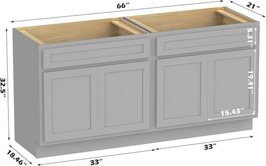 Vanity Art 66 Inch Bathroom Base Cabinet Only, Double Sink Top (Not Include Sink) with Door & Soft Close Hinge, Unassembled Floor Cabinet, Grey, 2ea 33 Inch Combo