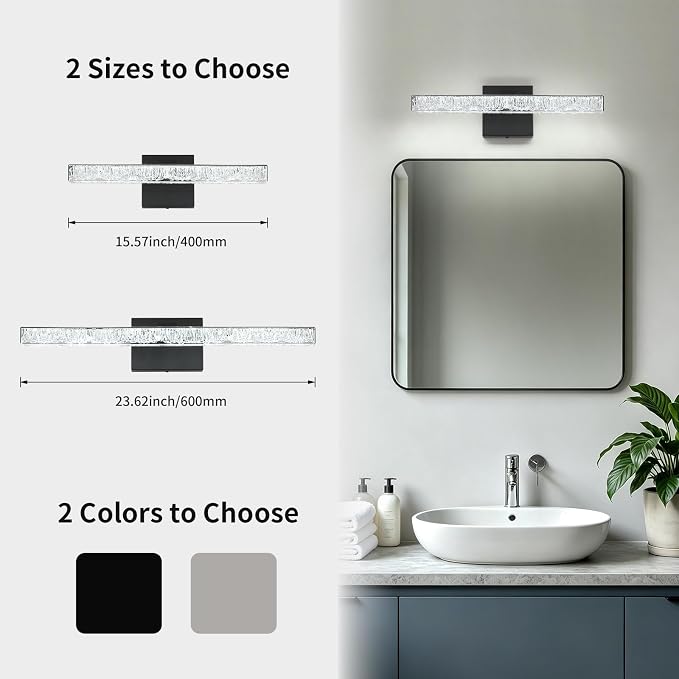 Modern LED Bathroom Vanity Light Fixtures, 16-Inch Black Wall Sconce with Iceberg Crackle Acrylic, Linear Bathroom Lighting Over Mirror Cabinet, Non-Dimmable 110V Wall Mount Lamp for Restroom