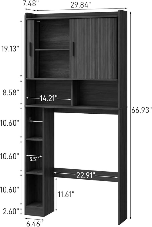 Over The Toilet Storage Cabinet,Farmhouse Toilet Cabinet Rack with 2 Tambour Sliding Doors and Toilet Paper Holder Stand,Toilet Shelf Space Saver with Towel Rack for Bathroom, Restroom,Black Laundry