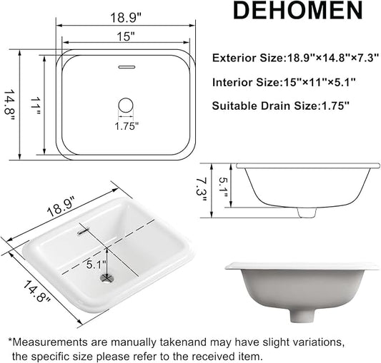 Bathroom Vessel Sink 19 Inch Small Drop In Bathroom Sink Rectangular Semi Recessed Sinks with Overflow White Ceramic Small Vanity Sinks for Tiny Bathrooms