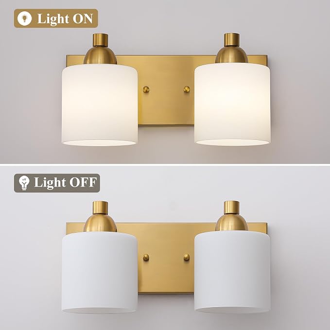Mecgirn Stainless Steel Milk Glass Vanity Lights for Bathroom, 2 Light Gold Bathroom Light Fixtures Over Mirror, Ceramic E26 Sockets Wall Mounted