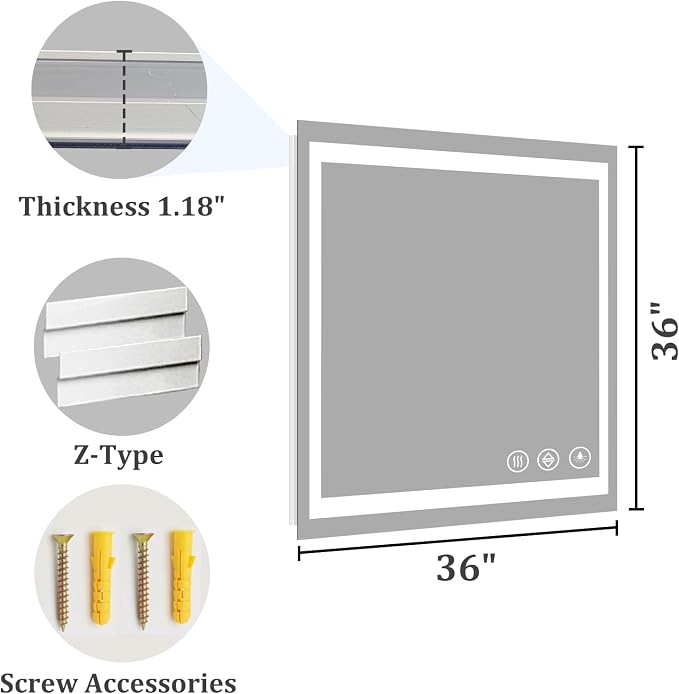 Koonmi 36x36 LED Bathroom Mirror, Shatterproof Mirror with Light | 90CRI Vanity Mirror with Anti-fog Backlit + Front Lit, 3 Color, Easy Install for Bathroom Hotel (IP65)