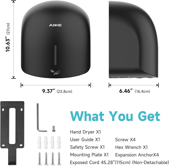AIKE GentleAir Warm Hand Dryer,Low Noise for Home Bathroom,Midnight Black | GentleAir Warm Dry,Plug-in Easy Install and Low Noise Experience for Home Bathroom,Smart and Sophisticated ABS Look,AK2637