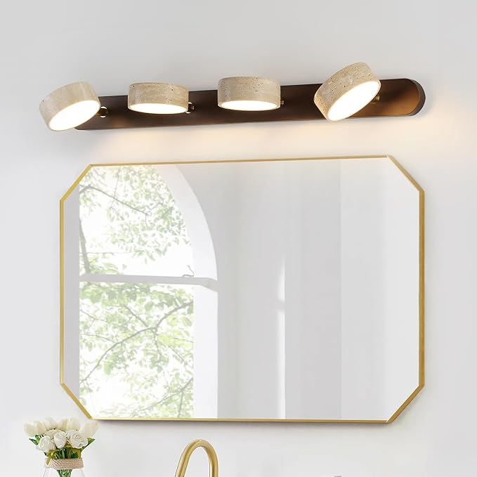 Wood Farmhouse Bathroom Vanity Light,Natural Stone Travertines Walnut Wall Lamp 4 Lights Travertine Shade Wabi Sabi Lamp, Linear Bathroom Vanity Lighting Rotatable 40W LED Wall Fixture Over Mirror