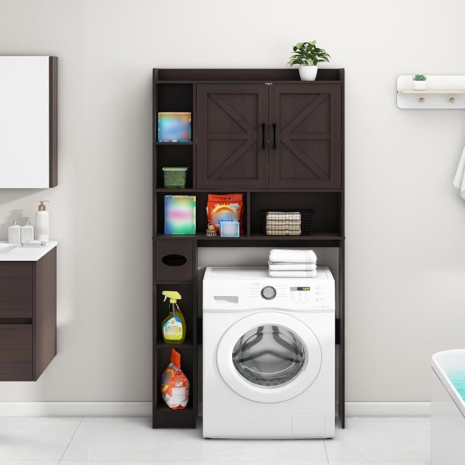 Vabches Over The Toilet Storage Cabinet with 2 Barn Doors, Caramel | Farmhouse Storage Cabinet with Toilet Paper Holder Stand,Home Space-Saving Toilet Rack, for Bathroom, Restroom, Laundry