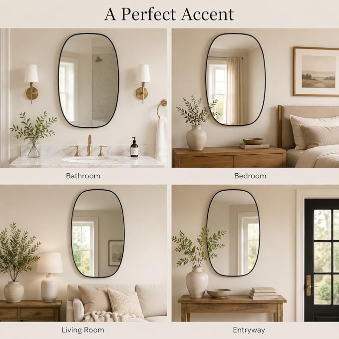 Black Oval Bathroom Mirrors 24x36 Inch | Oblong Vanity Mirror, Crystal-Clear HD Glass, Rust-Proof Aluminum Frame, Inner-Curved Decor for Bedroom, Entryway