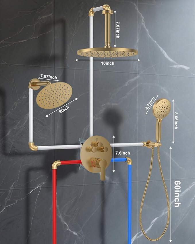 Shower System with Pressure Balance Valve, 10" Ceiling Mount Shower Faucet Set with 2 Rain Shower Head And Multi-function Handheld Head Push Button Diverter Pressure Balancing Valve Kit, Brushed Gold