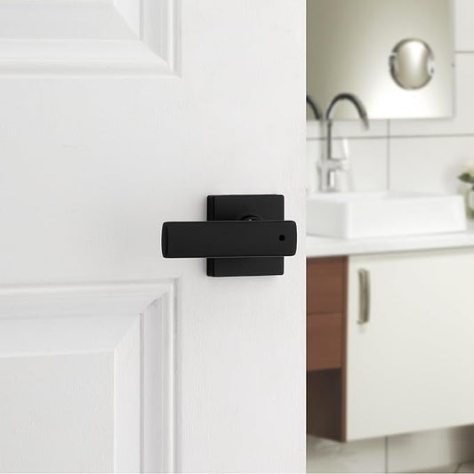 Kwikset Breton Interior Privacy Door Handle with Lock 4 Pack, Door Lever for Bathroom and Bedroom, Matte Black Reversible Keyless Turn Lock, with Microban Protection