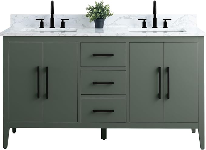 Vanity Art 60 inch Bathroom Vanity with Double Sink & Ceramic Top, Vanity Cabinet with Soft-Closing Doors, Drawers, Solid Wood Frame, Vintage Green, VA9060-DVG-MB1