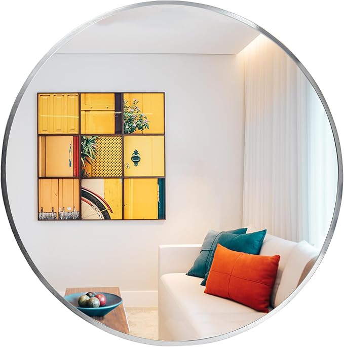 Round Mirror, 26 inch Silver Circle Mirror,Bruhsed Nickel Metal Frame | High Definition,Waterproof,Rust-resistant,Round Mounted Mirrors for Bathroom,Living Room,Bedroom,Hallyway,Vanity,Wall Décor