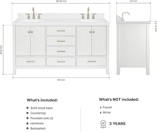 ARIEL Cambridge 66-inch Bathroom Vanity with Sink,Solid Wood, 1.5-inch Carrara White Quartz Countertop & Backsplash, Double Oval Porcelain Sink, 4 Soft Closing Doors, 6 Dovetail Drawers, White