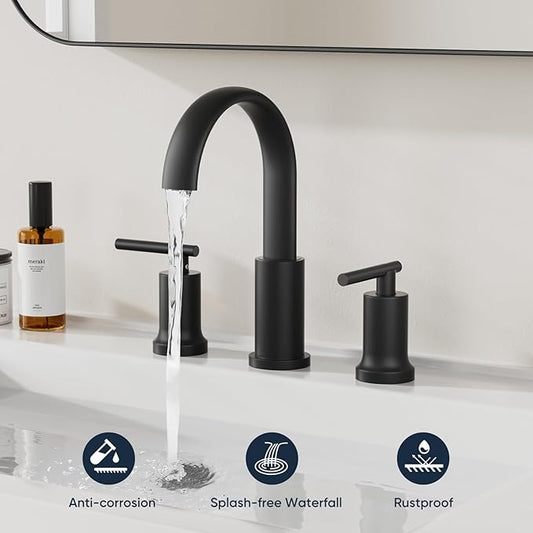 Matte Black Waterfall Bathroom Faucet 3 Hole, Widespread Two Handle Bathroom Sink Faucet Vanity Faucet, 8 Inch Bathroom Faucets for Sink with cUPC Supply Lines and Pop-Up Drain