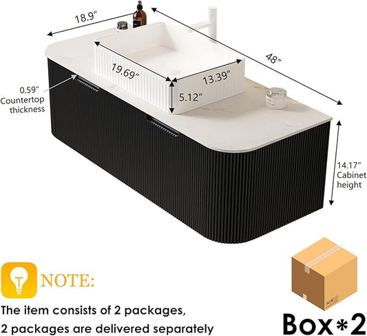 48 inch Floating Bathroom Vanity with Sink, Modern Bathroom Vanities with White Rectangular Ceramic Basin and Marble Top, 2 Large Soft-Closing Storage Drawers, Pre-Assembled Cabinet, Gloss Black