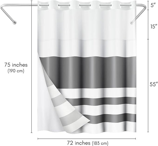 Americanflat 72x75 Hookless Shower Curtain - Water-Resistant Striped Shower Curtain with Sheer Panel, Snap-in Liner, and Durable Grommets - 100% Polyester - Grey and White