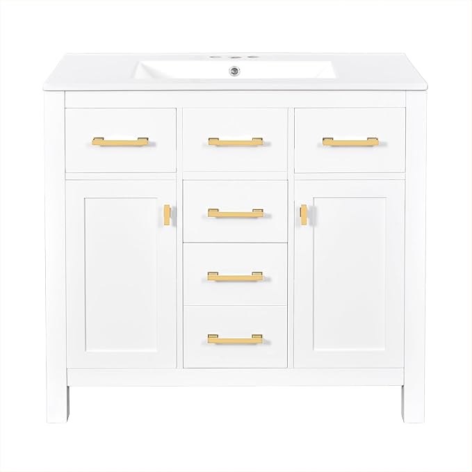 72 Inch White Bathroom Vanity with Double Sink,Modern Double Sink Vanity with 8 Drawers & 4 Cabinets,Soft Closing Doors with Gold Handles,Solid Wood Frame,Grid Front(2 * 36 Inch)