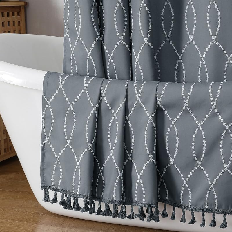 OVZME Dark Grey Stall Shower Curtain for Bathroom, Puff Printed Textured Shower Curtain with Tassels, Geometry Heavy Duty Vintage Country Narrow Bathroom Curtain, Water Resistant Fabric, 36Wx72L